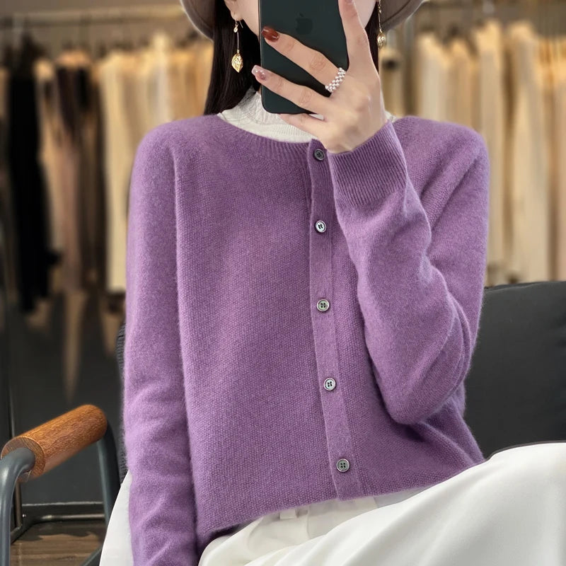 Women’s 100% Pure Wool Loose Cardigan – Autumn Winter Round Neck Solid Color Top 🍂🧶