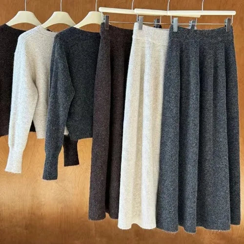 🍂 Soft Cozy Women’s Knitted Sweater & Cardigan Top 👚 Plus Dress Two-Piece Set ✨ Autumn Winter Long Sleeve Commute Wear