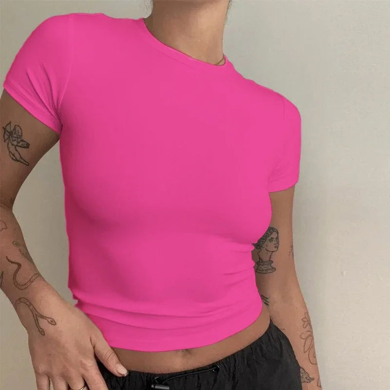 Women’s Slim Fit O-Neck Knitted T-Shirt – Y2K Streetwear Short Sleeve Sheath Tee 2024