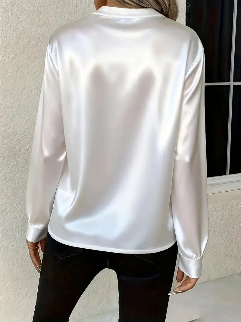 Elegant Long Sleeve V-Neck Silk-Like Top for Women – Office & Evening Wear Blouse