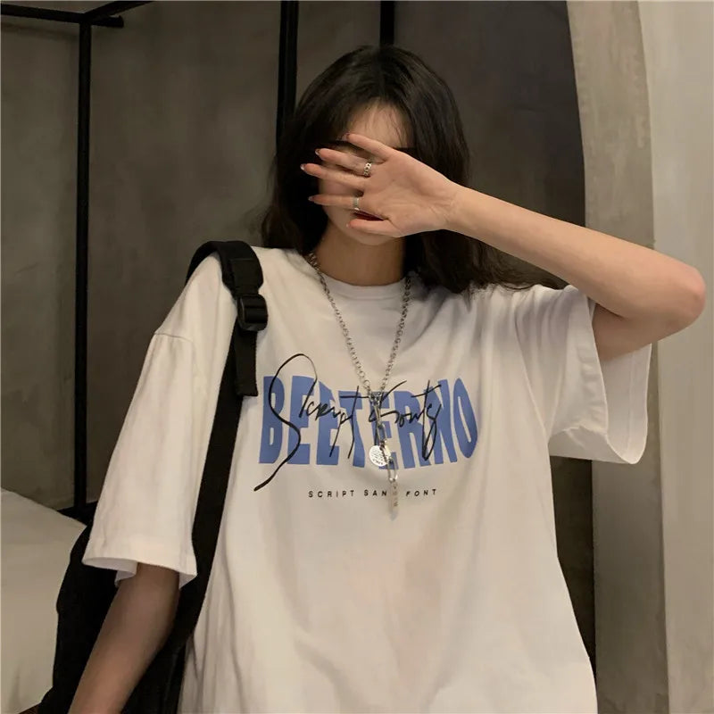 Oversized American Street Style T-Shirt for Women | Retro Loose Cotton Casual Top