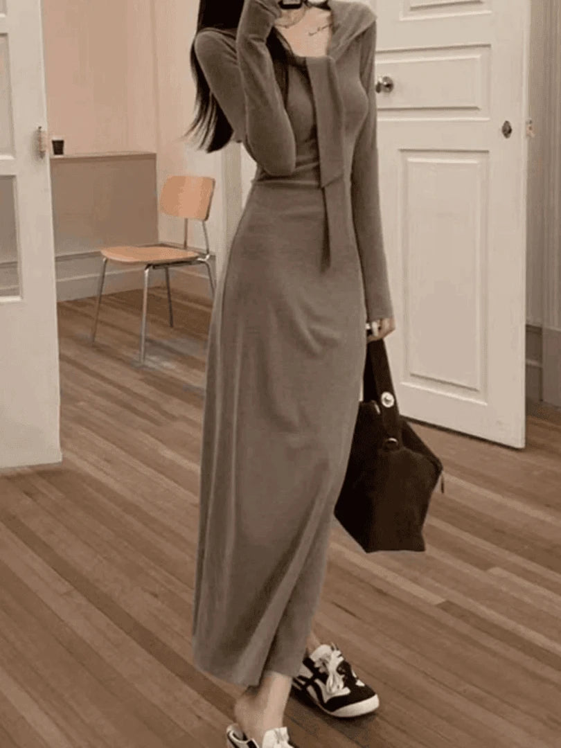 Early Autumn Korean Sle Knitted Slim Fit Long Sve Dr Women's Casual V-ne A-line Dr Warm Thi Polyester Fiber