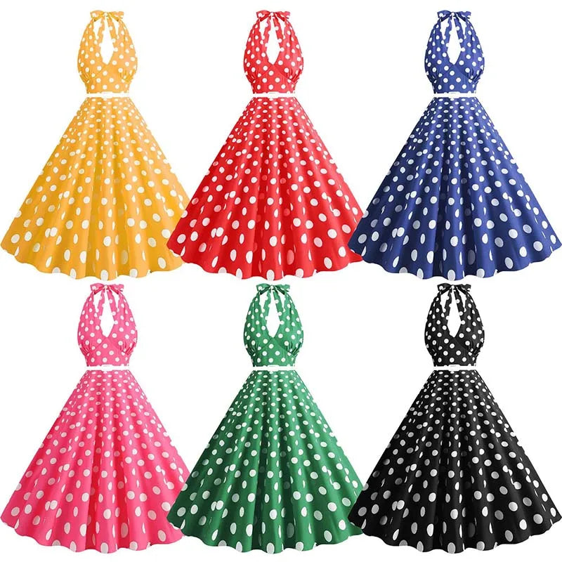 Women’s Vintage Halter Party Dress – Summer Polka Dot Midi Cocktail Prom Elegant Dress