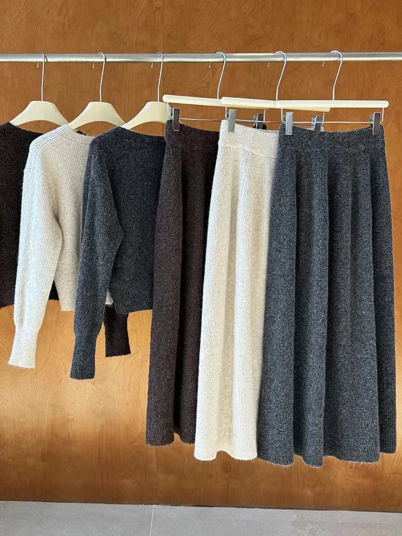 🍂 Soft Cozy Women’s Knitted Sweater & Cardigan Top 👚 Plus Dress Two-Piece Set ✨ Autumn Winter Long Sleeve Commute Wear