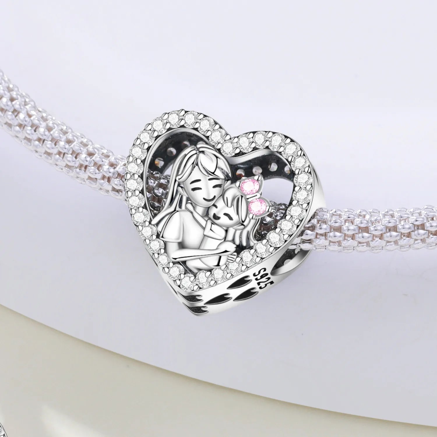 925 Sterling Silver Mother Daughter Love Embrace Pendant Charm | Heart Shaped Bracelet Bead DIY Fine Jewelry Gift