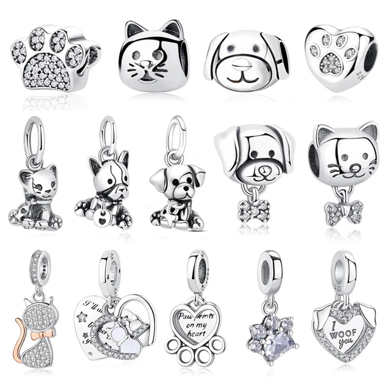 Original Sterling Silver Pet Paw Charm | Love Dog Cat Print Beads for Pandora Bracelets & DIY Jewelry