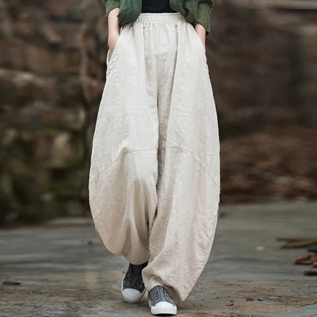 Elegant Women’s Cotton Linen Baggy Cargo Pants – Vintage Elastic Waist Wide-Leg Casual Trousers
