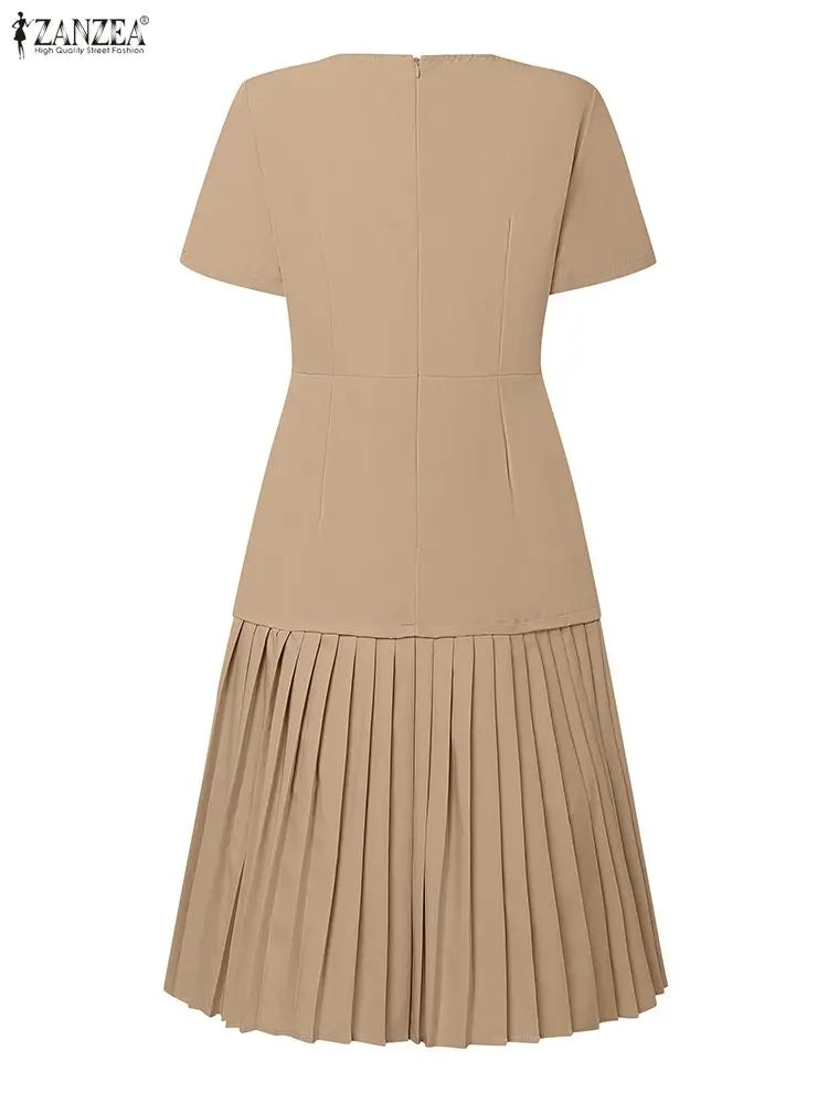 Women Pleated Dress 👗 Elegant O-Neck Short Sleeve Fitted Waist A-Line Knee-Length Dress 🌸 ZANZEA Fashion