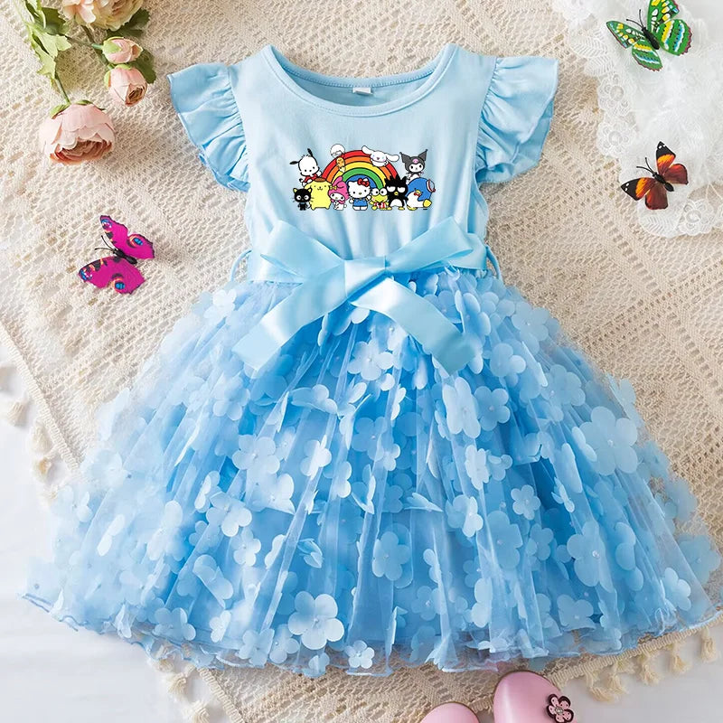 Hello Kitty Girls Tulle Flower Princess Dress | Wedding & Party Tutu Dress | Sleeveless Birthday Gift Outfit