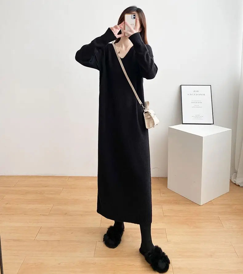 Ladies’ Knitted V-Neck Dress – Loose Fit Base Layer Skirt, Casual Straight Tube Korean Style Autumn Winter Dress