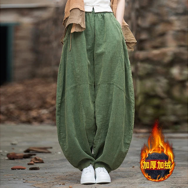 Elegant Women’s Cotton Linen Baggy Cargo Pants – Vintage Elastic Waist Wide-Leg Casual Trousers