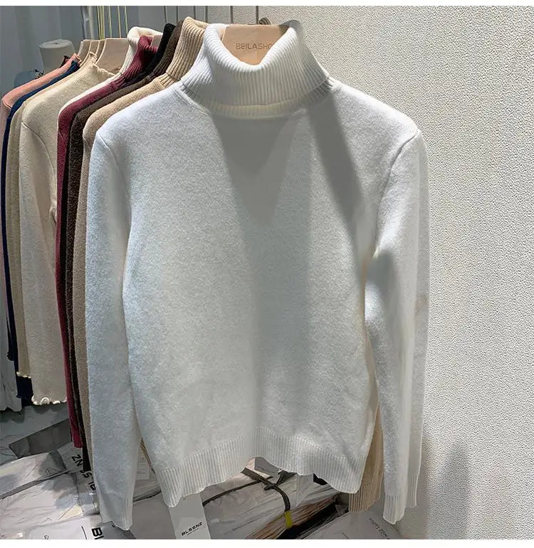 2025 Women’s High Collar Pullover Sweater – Thick Warm Soft Winter Top | Solid Color Bottoming Shirt