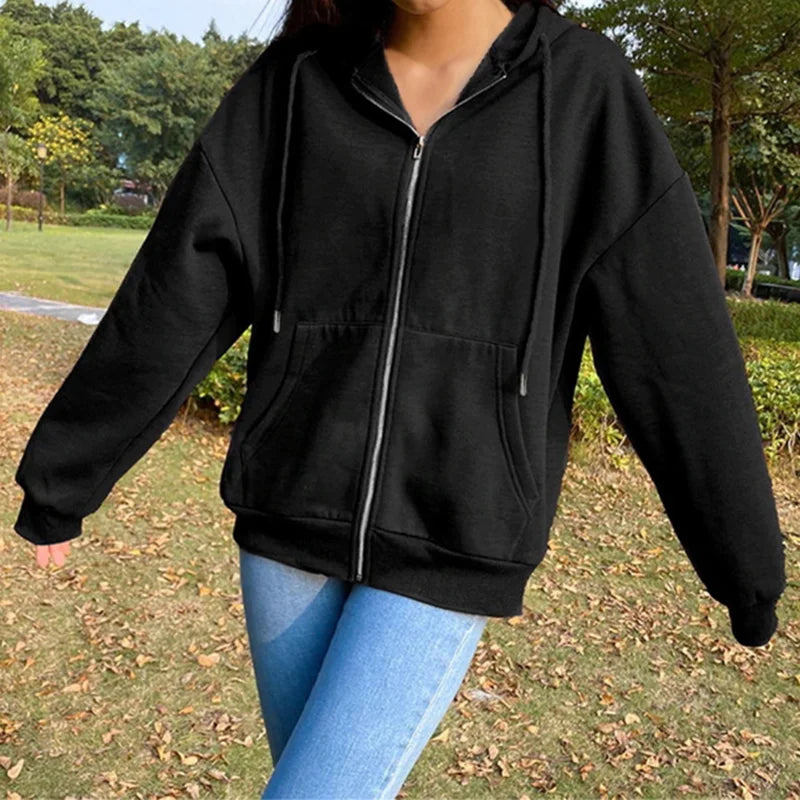 Autumn Fleece Hoodie for Women | Solid Color Korean Fashion Sweatshirt | Long Sleeve Top with Drawstring & Pockets