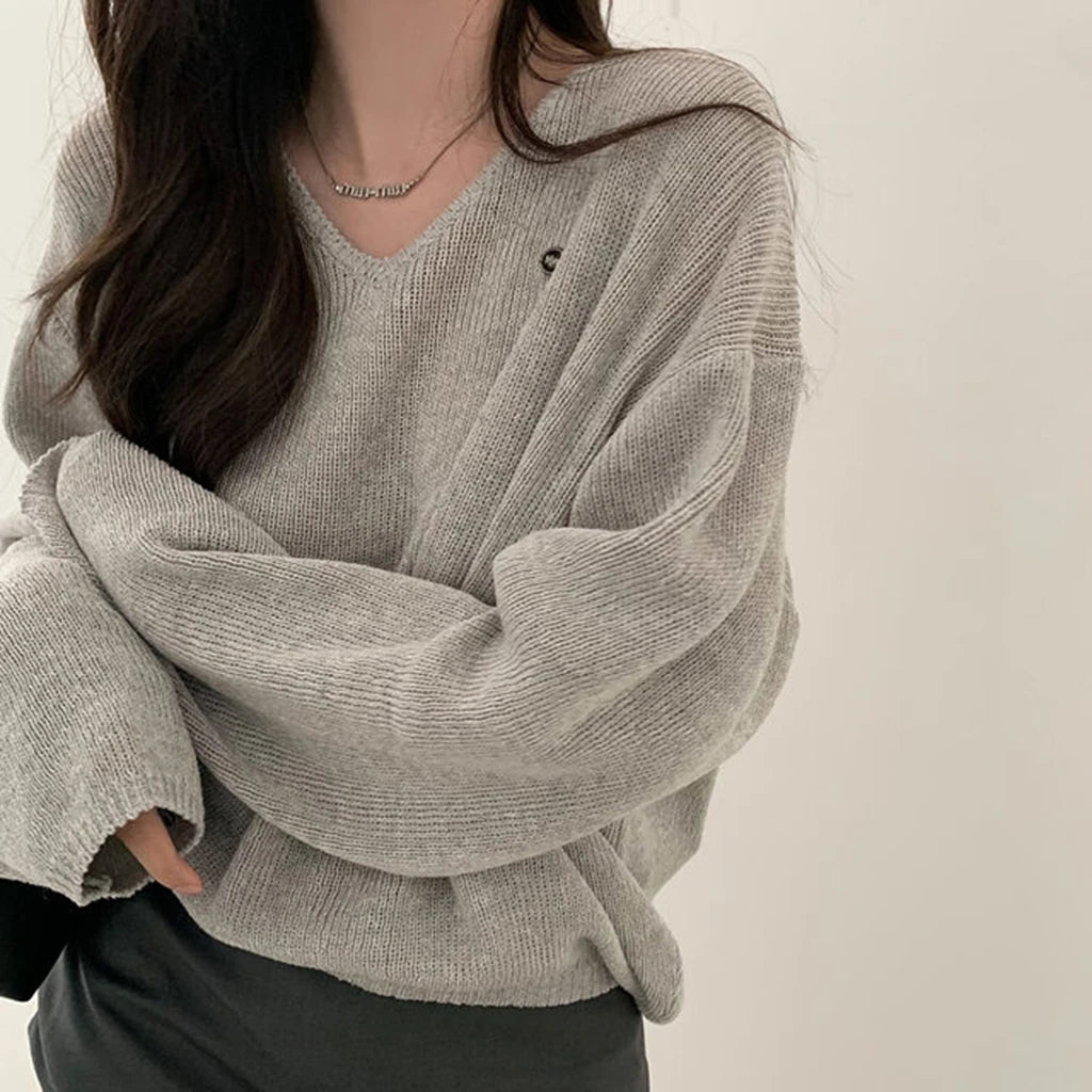 Loose Women’s Knitwear V-Neck Long Sleeve T-Shirt – Casual Comfortable Fashionable Autumn Top New Arrival