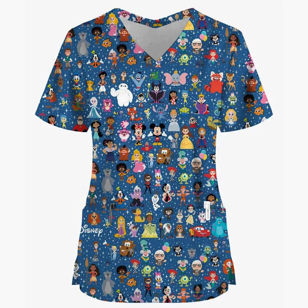 Disney Princess Ariel & Elsa Print Scrub Tops – Women’s Nurse & Dentist Work Uniform 👩‍⚕️✨