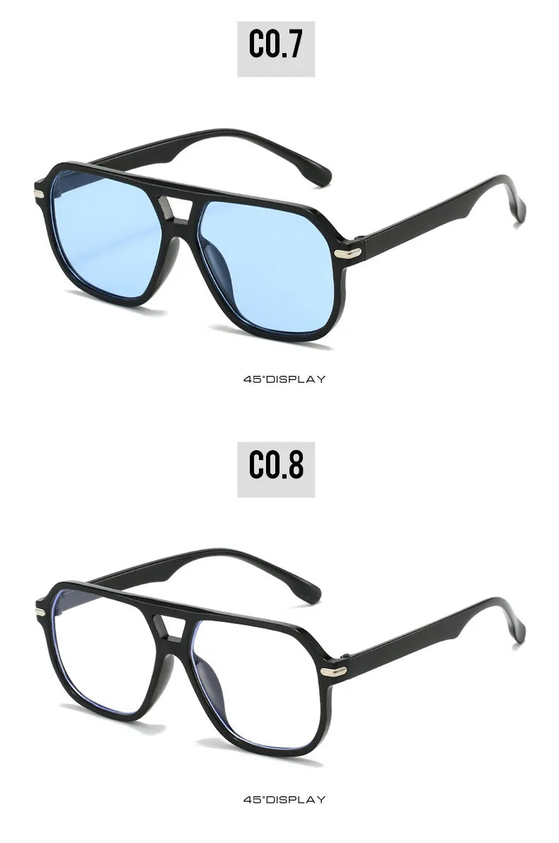 Retro Big Frame Square Sunglasses – Women & Men Double Beam One-Piece Designer Pilot Sun Glasses | Black Circular Cool Shades