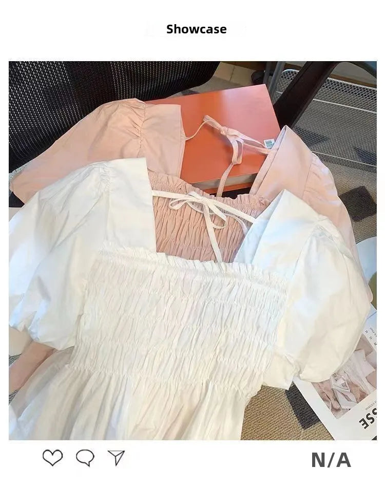 ☀️ Summer 2025 New Square Collar Pleated Short Sleeve Doll Shirt 👚 Women’s Small Size Bubble Sleeve Chiffon Blouse Top 🌸