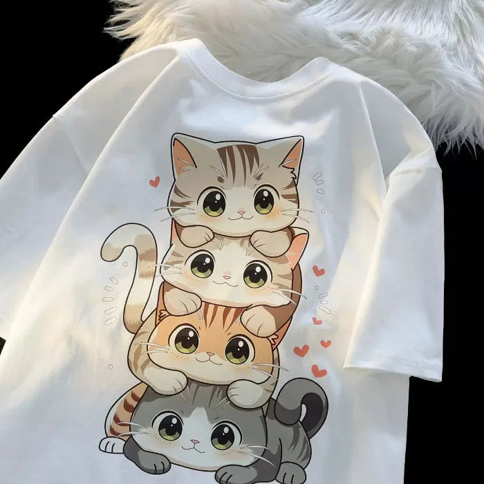Cute Cartoon Cat Print Women’s T-Shirt – Round Neck Short Sleeve Casual Summer Tee 😻👕