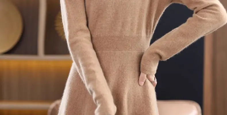 Women’s Mid-Length Knitted Wool Dress – High Collar Long Sleeve Casual Autumn Commute Dress for Ladies
