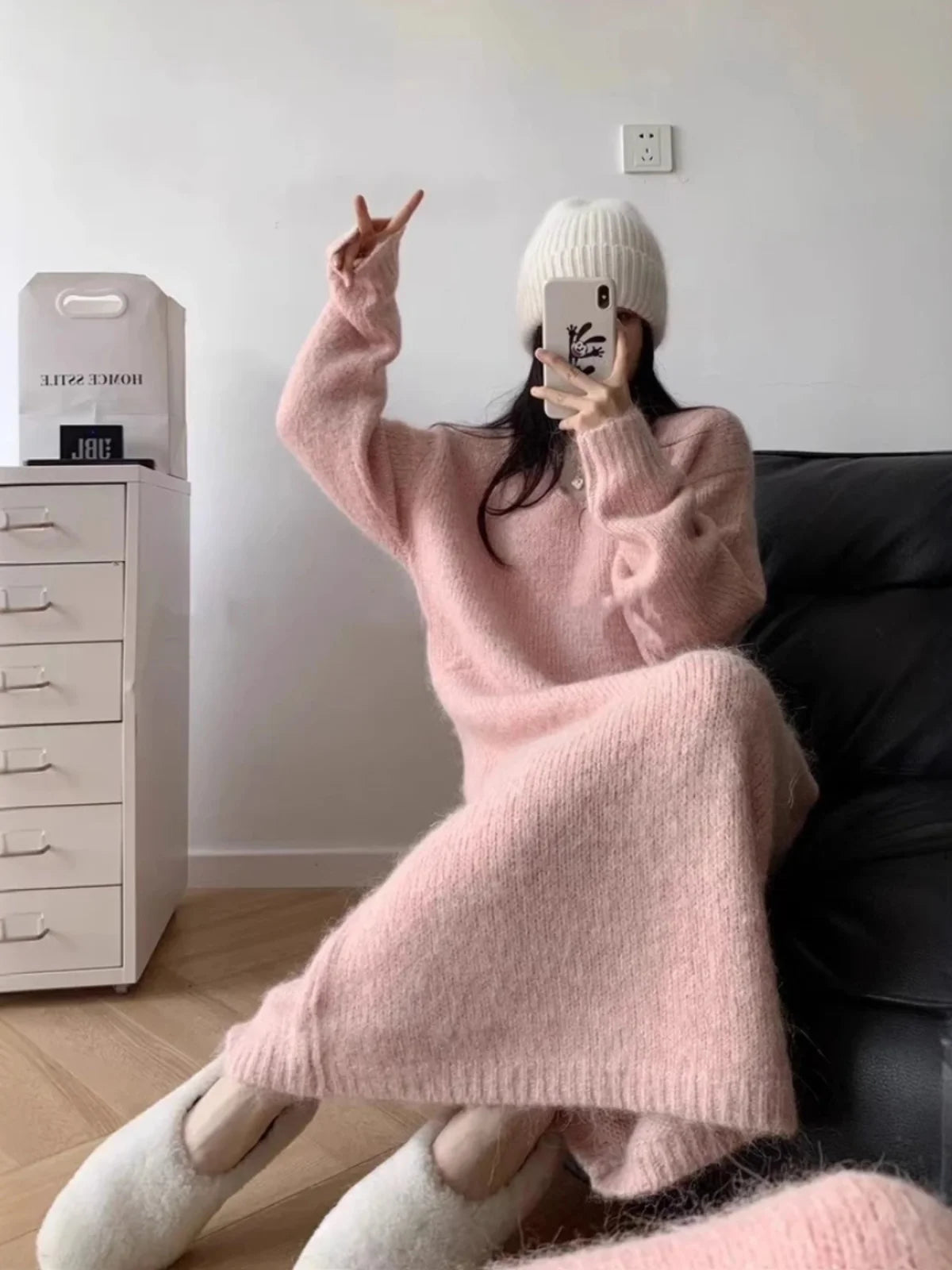 Ladies’ Thick Long Knitted Dress | Korean Style Loose Waist V-Neck H-Line Base Layer Dress | Autumn Winter New Arrival