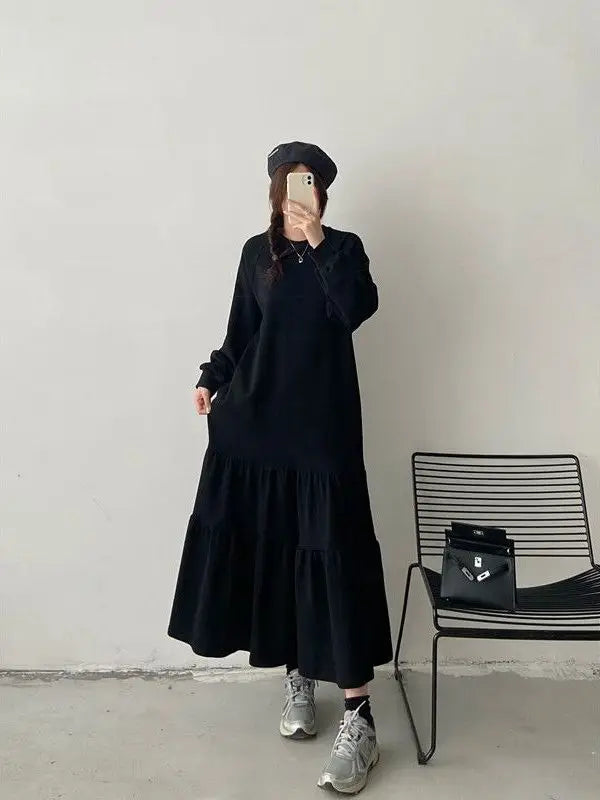 Plus Size Casual Long Sleeve Dress for Women | Loose Fit Patchwork Autumn Dress | Tummy Covering Comfortable Long Dress