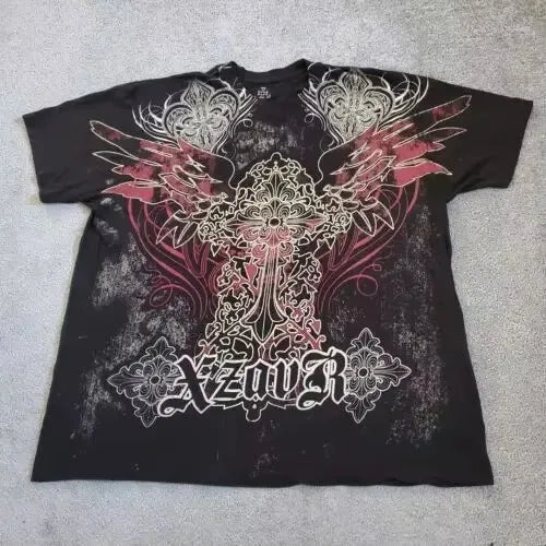 Vintage Avirex Black Short Sleeve T-Shirt | Rhinestone Double-Sided Print Retro Streetwear Top