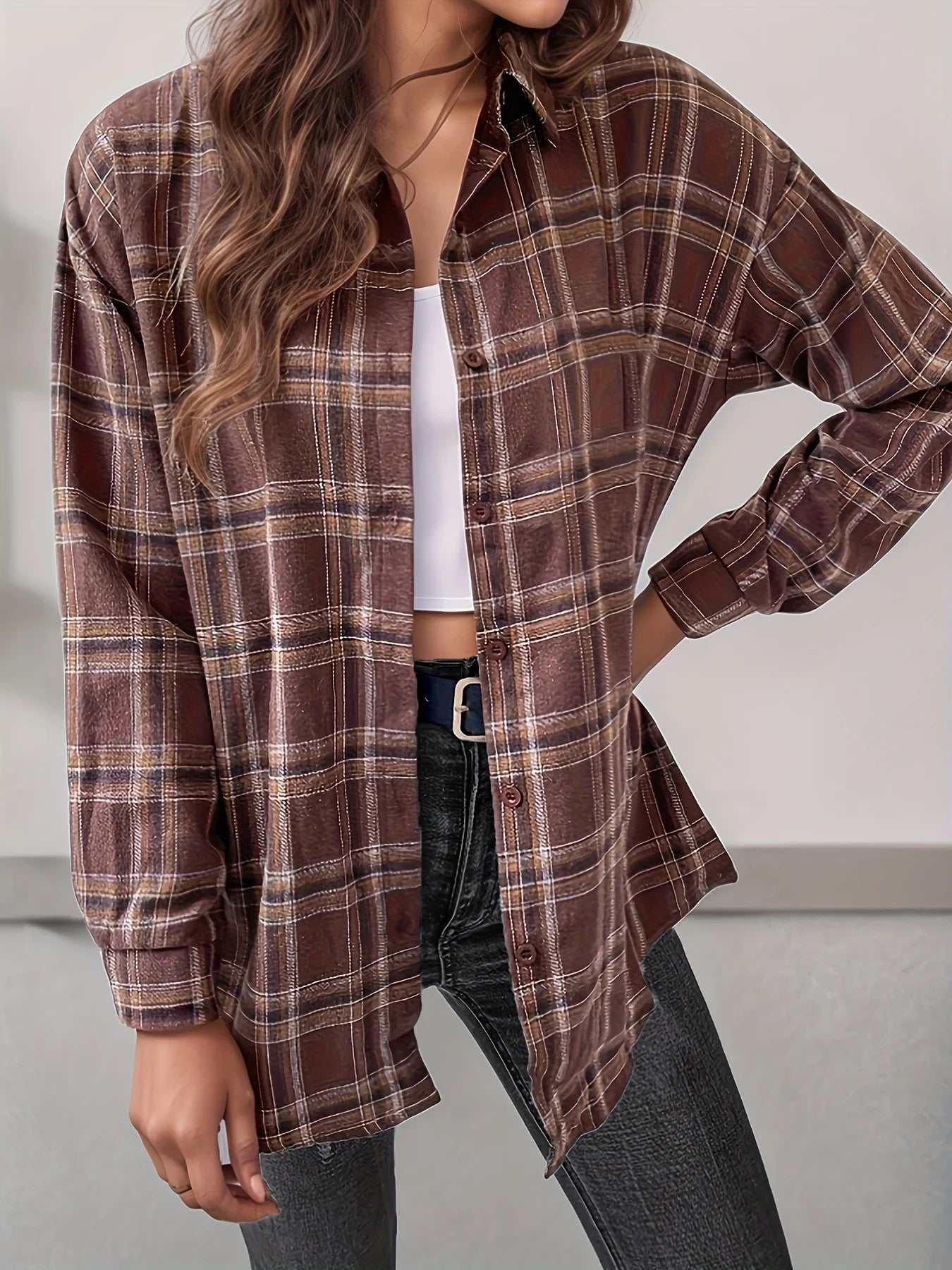 Elegant Casual Long Plaid Shirt – Shoulder Drape Button-Up Women’s Top 👚✨