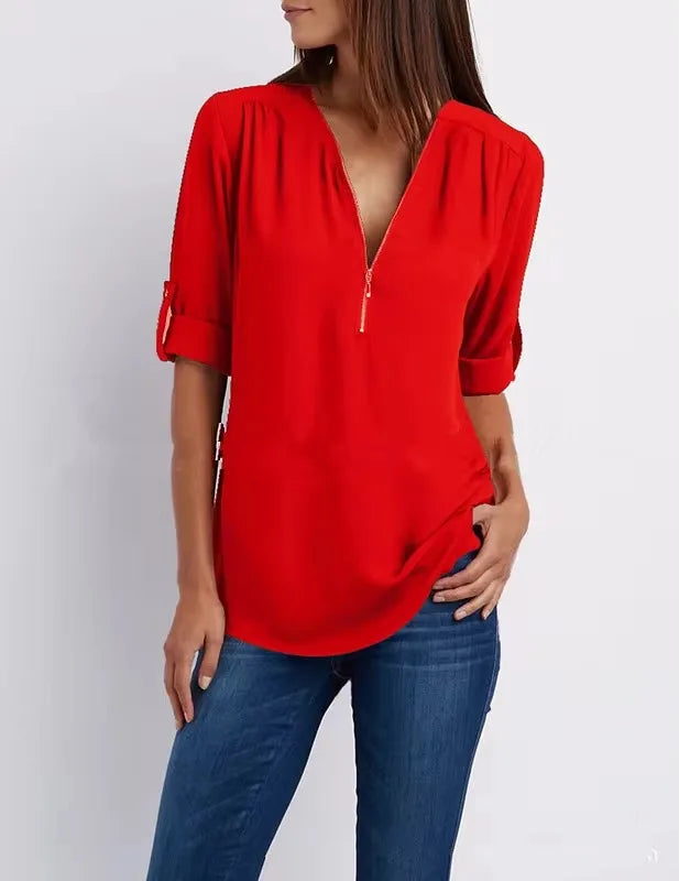 2025 Women’s Chiffon Blouse | Sexy Deep V-Neck Zipper Pullover Loose Fashion Top Plus Size