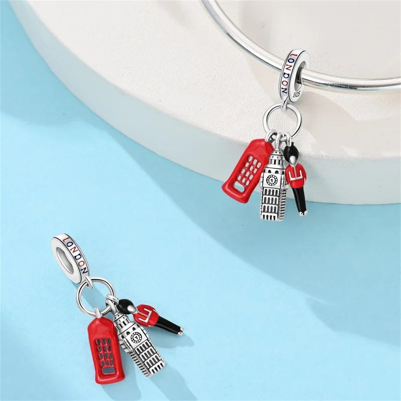925 Sterling Silver London Red Telephone Booth & Soldier Charm | Souvenir Pendant Fit Original Bracelet | DIY Jewelry Gift
