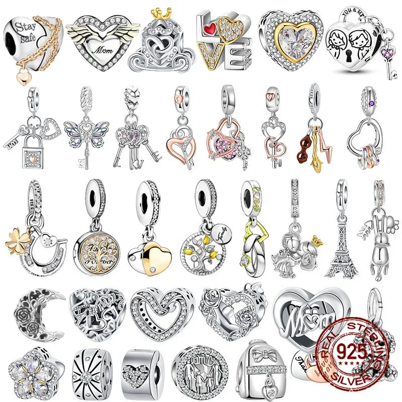 925 Sterling Silver Golden Heart Lock & Birthday Candle Charm | Fit Original Pandora Bracelet DIY Jewelry