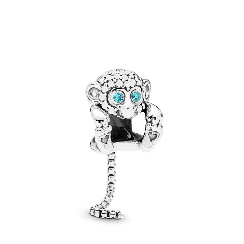925 Sterling Silver Monkey, Dog Paw & Heart Mom Charm | Fits Original European Bracelet DIY Jewelry Gift