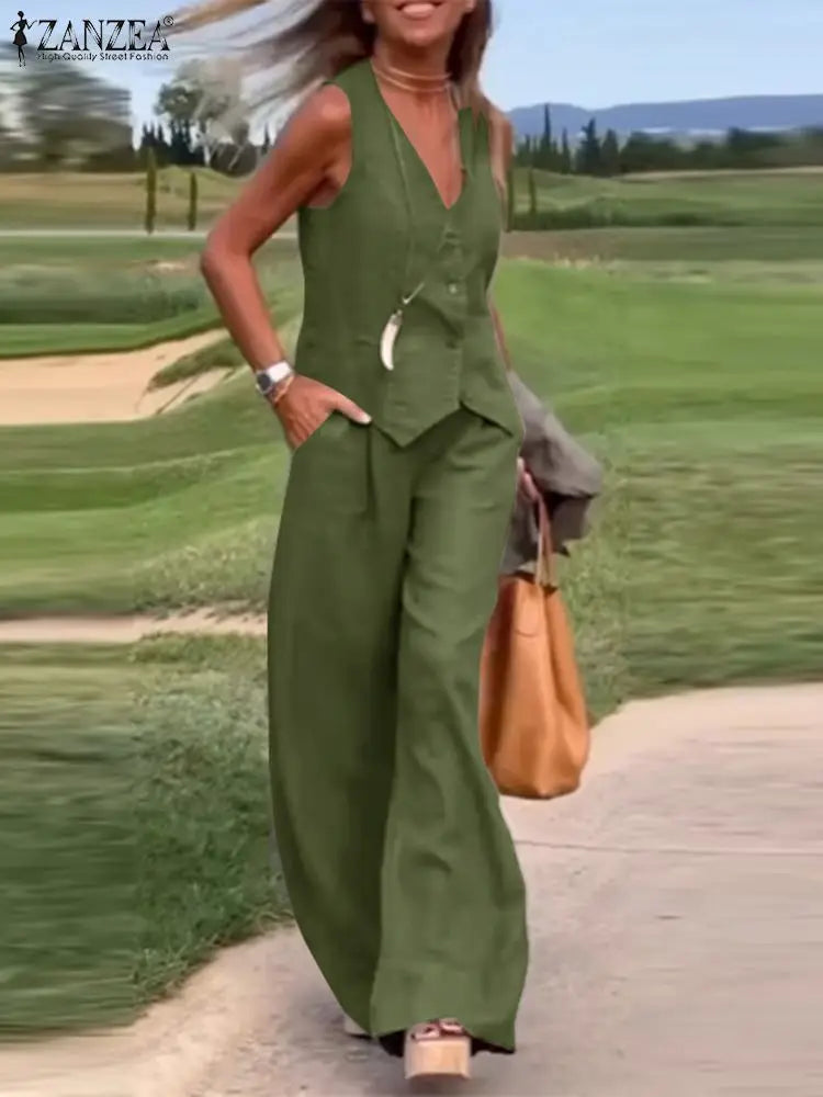 ZANZEA 2025 Elegant Women’s Two-Piece Set – Solid Color Wide Leg Pants & Vest Top Plus Size 👩‍💼✨