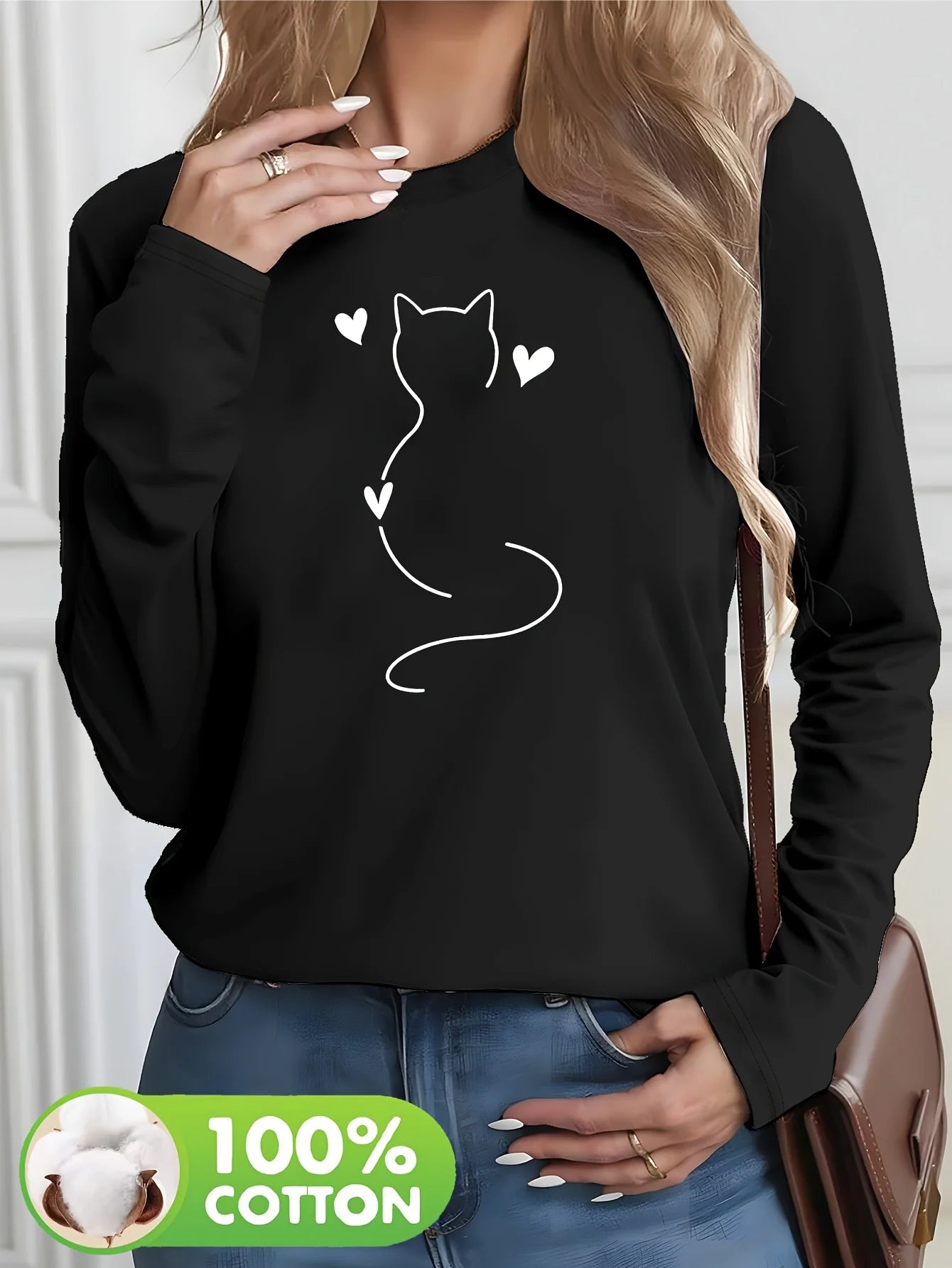 Women’s Cat & Hearts Long Sleeve T-Shirt 🐱 Casual Cotton Top All-Season ✨