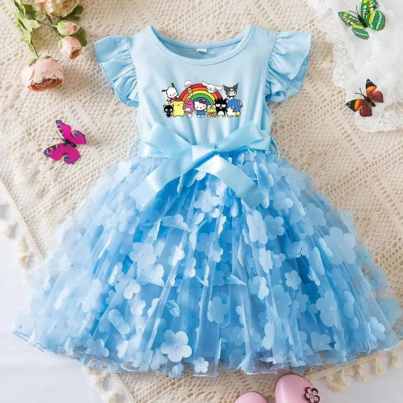 Hello Kitty Girls Tulle Flower Princess Dress | Wedding & Party Tutu Dress | Sleeveless Birthday Gift Outfit