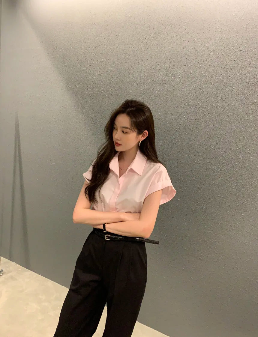 Chic Summer Loose Women’s Shirt | Classic Pure Color Professional Blouse with Small Lapel Collar
