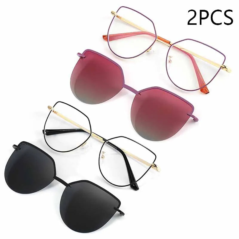 Cat Eye Flip-On Sunglasses for Women – Anti Blue Light Eyeglass Frames with Polarized Magnetic Clip | Ladies Fashion Computer Eyeglasses 7002