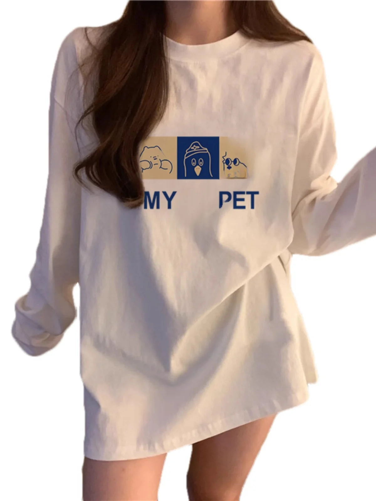 Women’s Long Sleeve Cotton T-Shirt | Fleece-Lined White Base Layer | Loose Fit Autumn Inner Wear