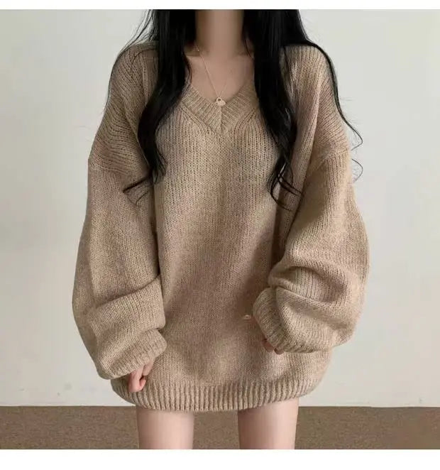 Soft Cozy Knitwear Women’s Loose Sleeve Sweater – Autumn Winter New Fashion V-Neck Long Sleeve Korean Commute Outerwear
