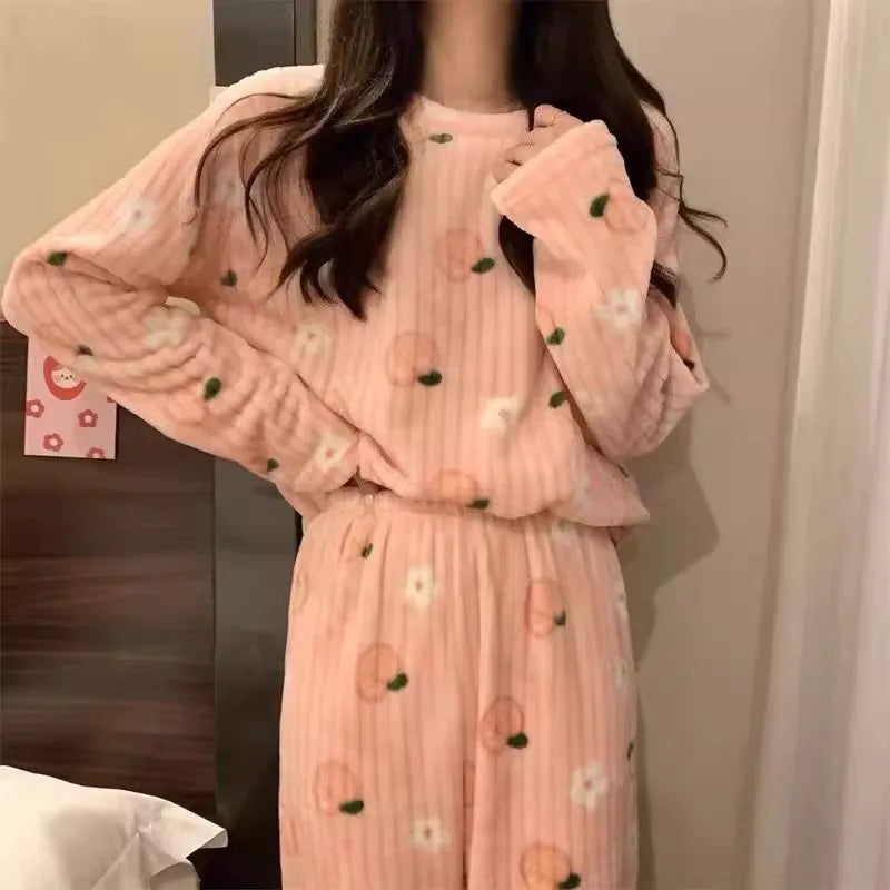 Adorable Sweet Coral Fleece Thiened Autumn Winter Loungewear Set – Women’s Casual Home Clothes | Long Pants Comfortable Leisurewear