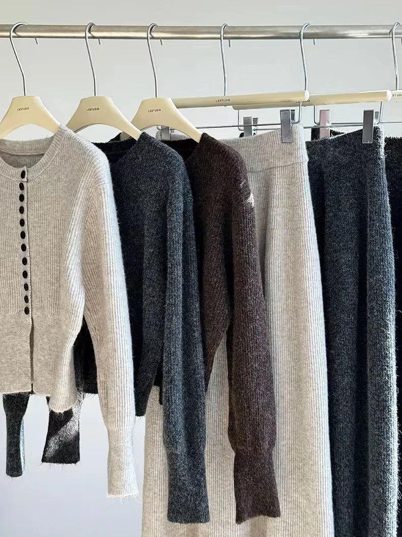 🍂 Soft Cozy Women’s Knitted Sweater & Cardigan Top 👚 Plus Dress Two-Piece Set ✨ Autumn Winter Long Sleeve Commute Wear