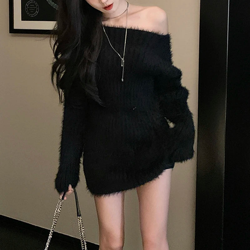 Fuzzy Knit Sweater for Women – Soft Fluffy Boat Neck Tunic Top | Rib-Knit Fitted Plain Jumper Autumn Winter Basic Outfit
