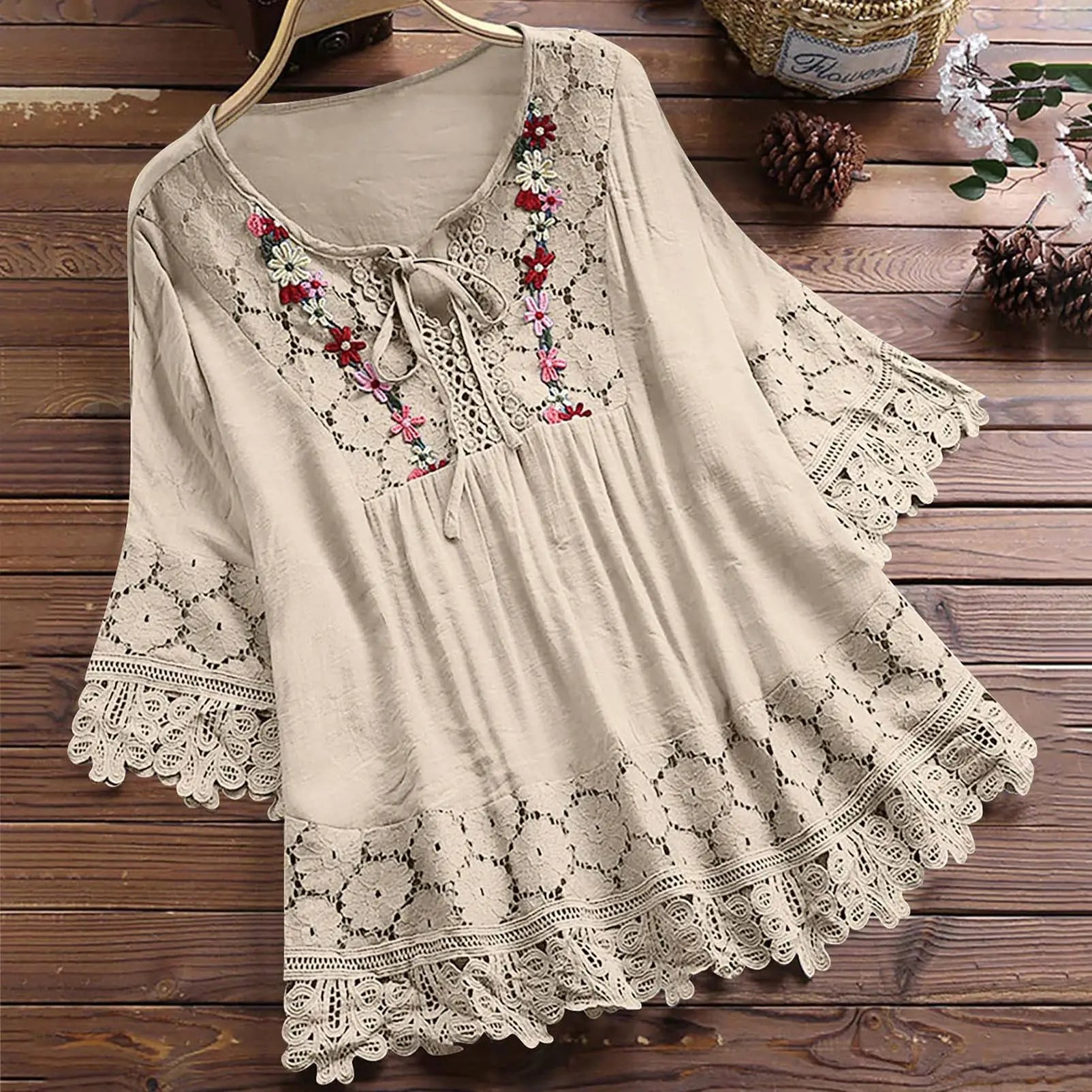 Summer Women Casual V-Neck Blouse – Cotton & Linen Lace Flower Loose Top 🌸☀️