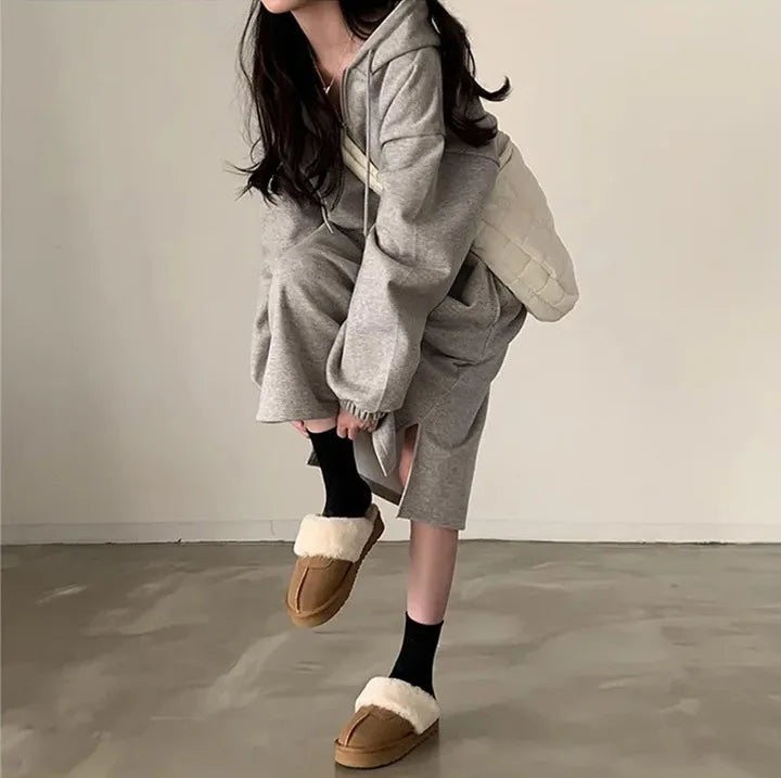 Chic Winter College Long Hoodie Dress ❄️ Lazy Fleece A-Line Side Slit Dress 👗 Pure Color Polyester Fiber 🧵
