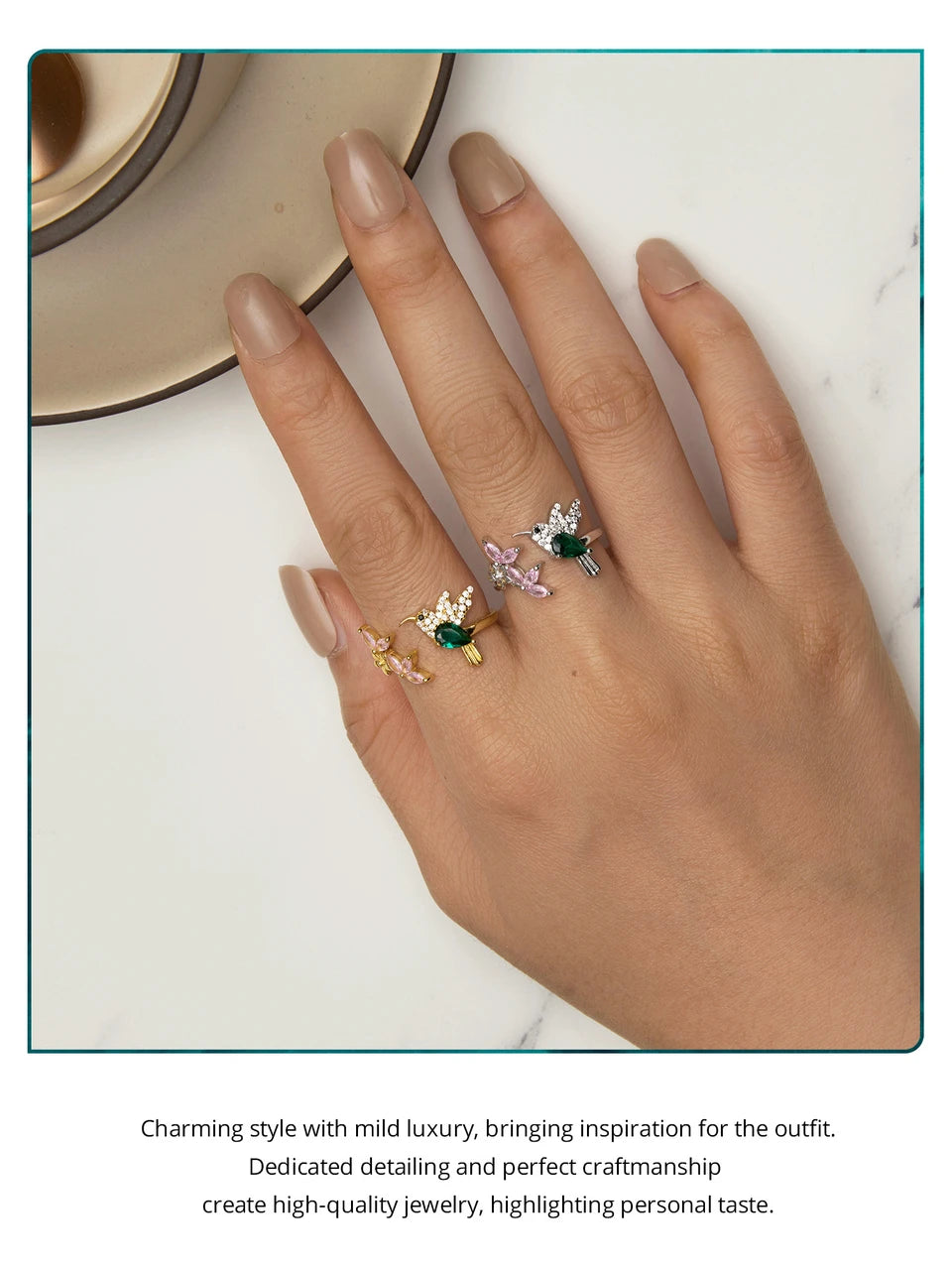 BISAER 925 Sterling Silver Floral Bird Open Ring | Adjustable White Gold Plated Flower Band for Women – Fine Party Jewelry