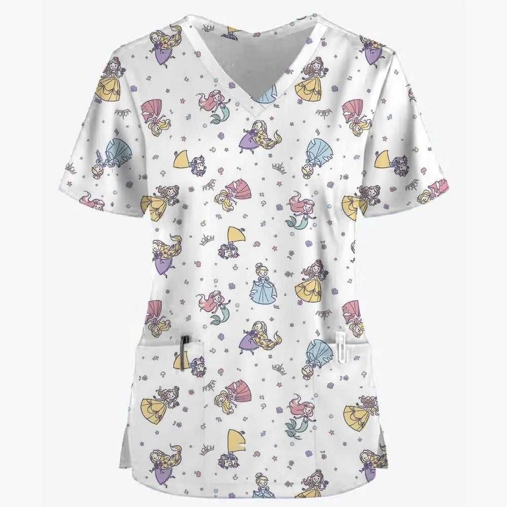 Disney Princess Ariel & Elsa Print Scrub Tops – Women’s Nurse & Dentist Work Uniform 👩‍⚕️✨