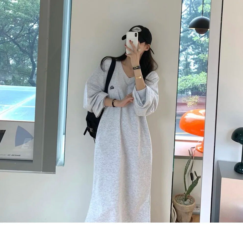 Autumn Winter Lazy Style V-Neck Embroidered Letter Loose Sweatshirt Dress – Long Sleeve Sweet Lantern Sleeve Women’s Casual Dress