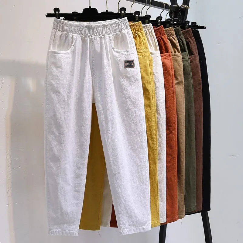 Slimming Straight Leg Cotton Linen Harem Pants – High Waist Casual Summer Trousers Women Loose Fit