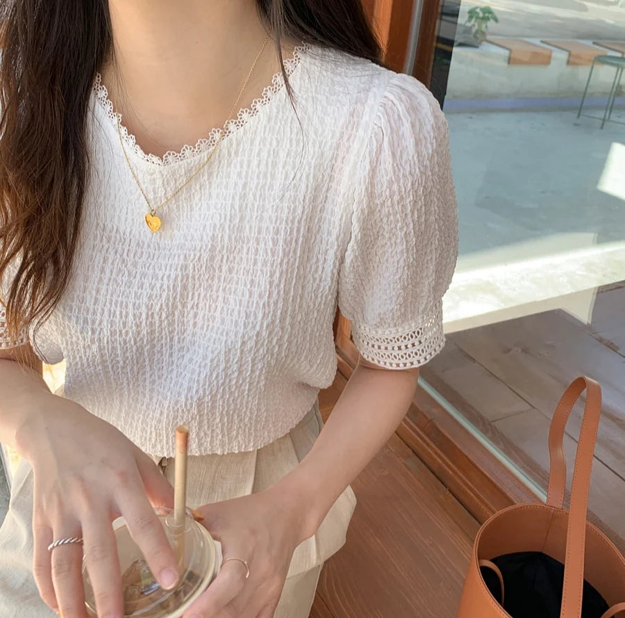 Elegant White Lace Hollow Out Blouse | Fairy-Style Bubble Sleeve Summer Top for Women