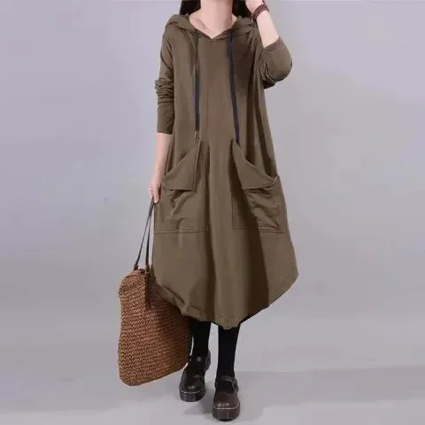 Artistic Loose Midi Dress for Plus Size Women | Autumn Hooded Long Sleeve Polyester Fiber Dress | Casual Commute Fashionable