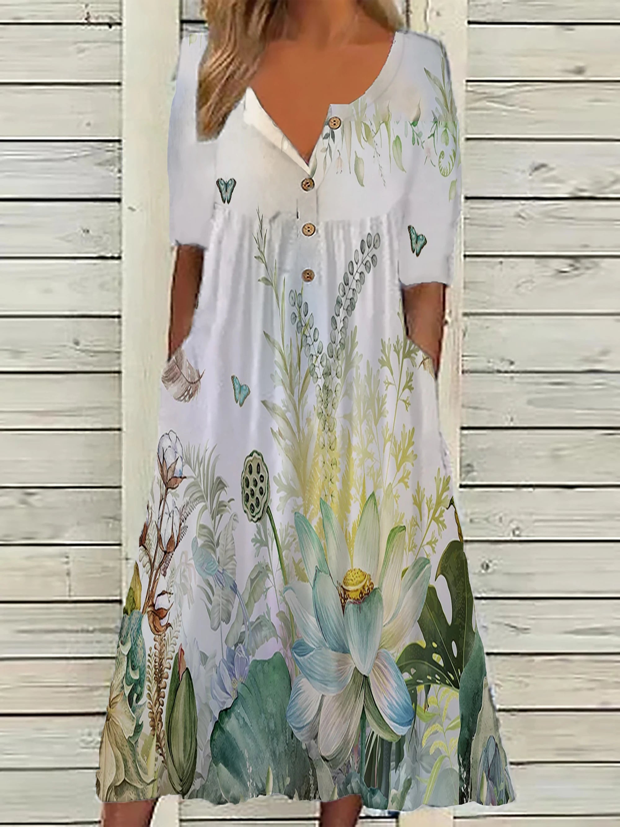 2024 Spring Plus Size Women’s Printed V-Neck Button Top – Short Sleeve Fashion Blouse with Pockets | European & American Style